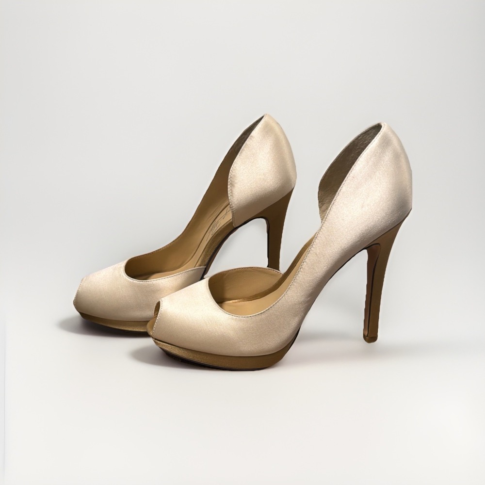 Shoes of Prey Champagne Satin Peep Toe D'Orsay Platform Pumps Heels 36.5